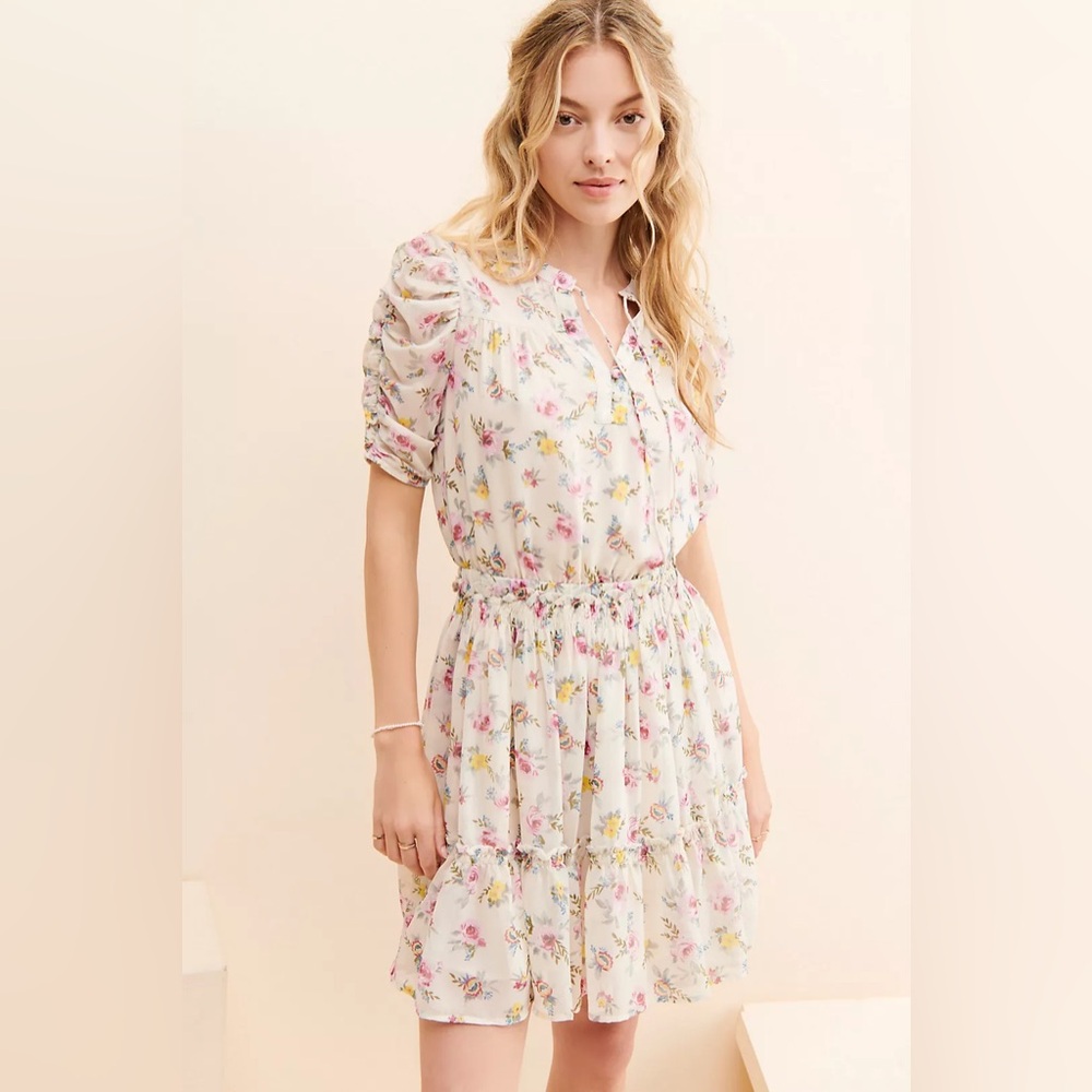Anthropologie Cream Floral Mini Dress with Pink and Yellow Accents